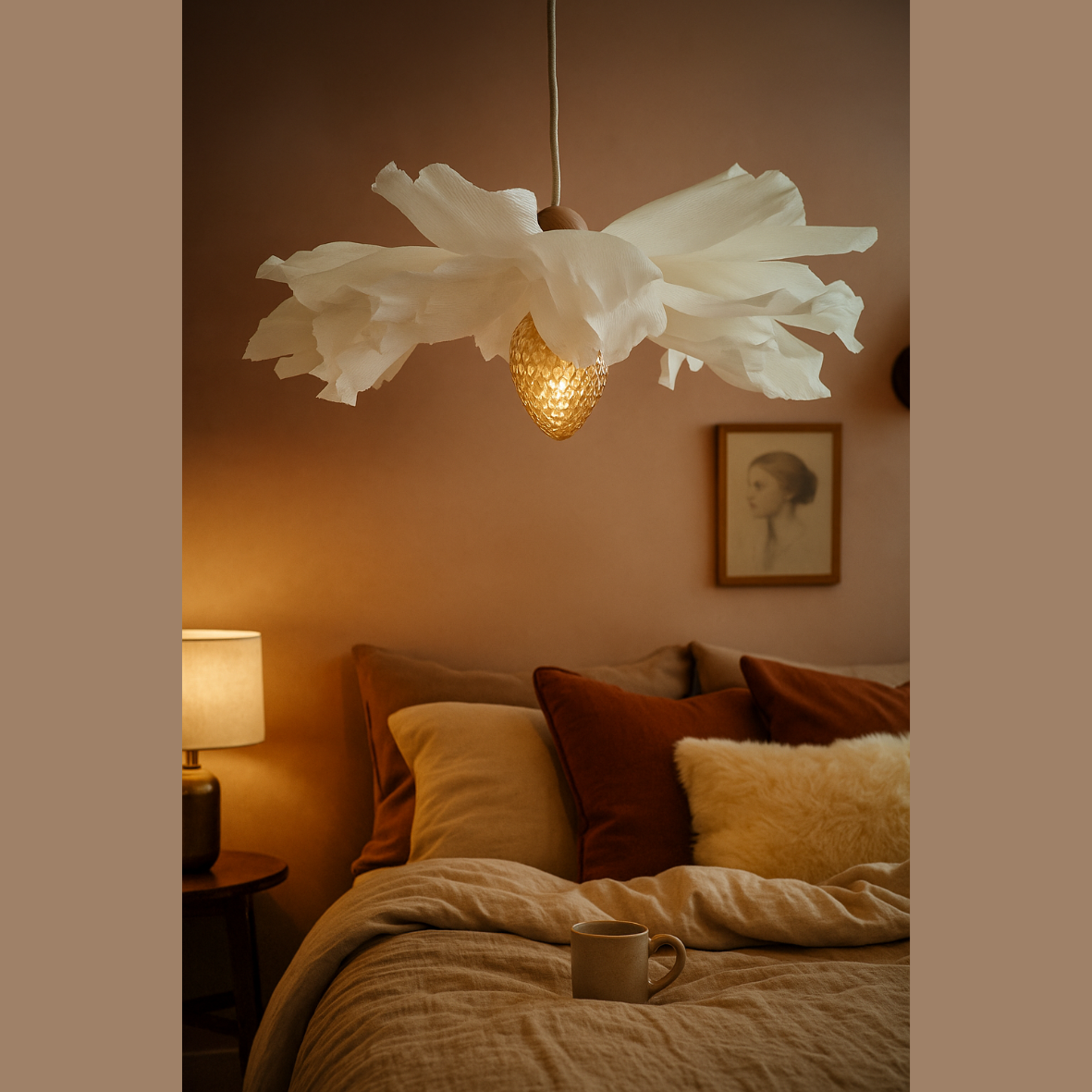 Suspension lumineuse "Effet pétales de fleurs" en papier crêpé, couleurs au choix, diam.60cm